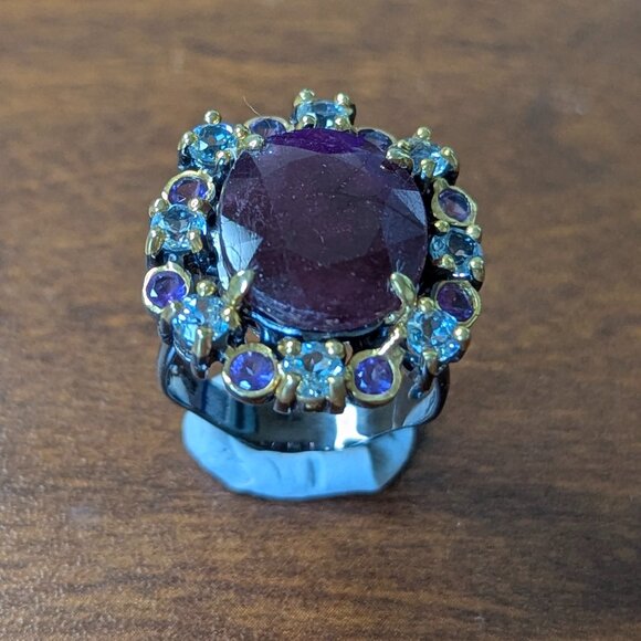 RING Ruby Topaz and Amethyst 925 Black Rhodium and Gold plated Size 8 - Classy! - Picture 6 of 10